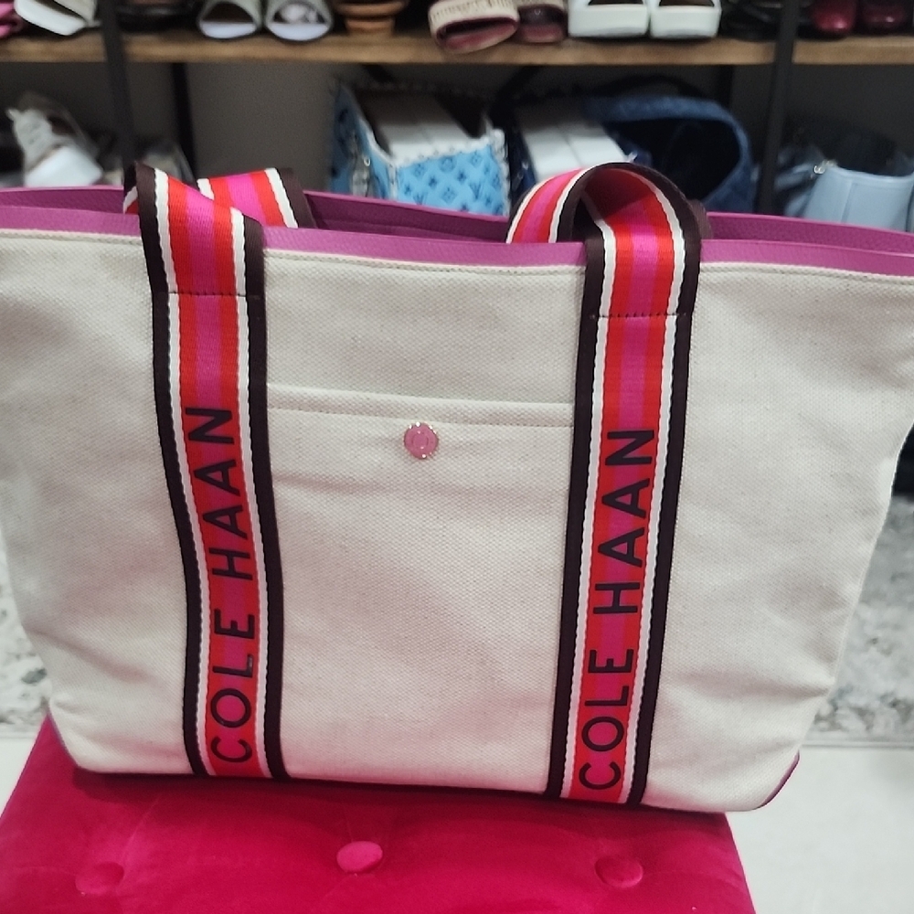 Cole Haan Women's Canvas Tote Bag - Cream and Pink
